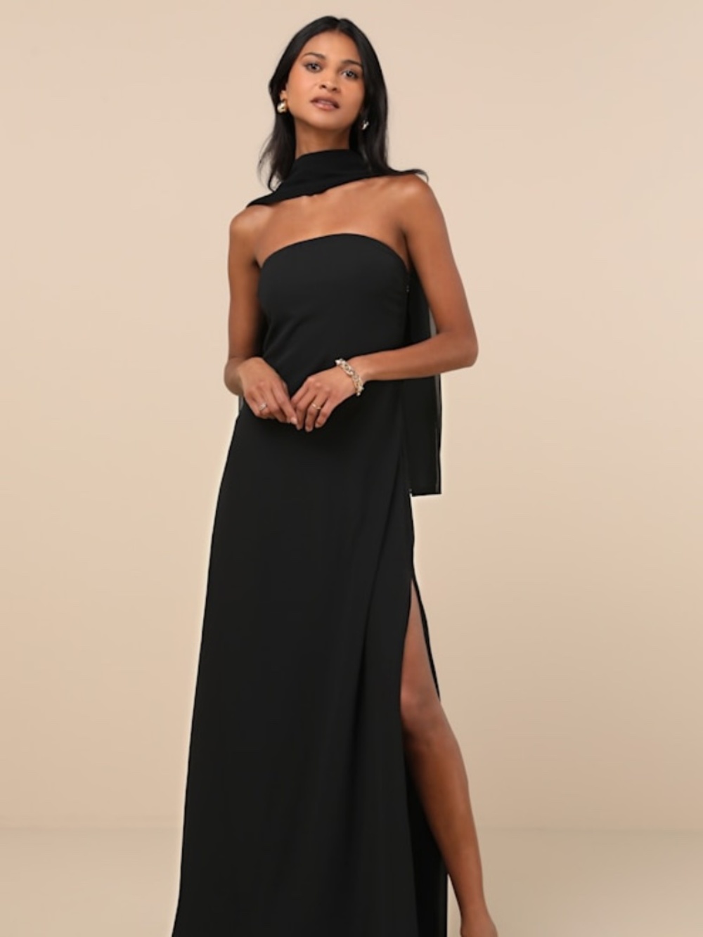 Lulus Rawya Black Strapless Maxi Dress And Scarf Set - Size M